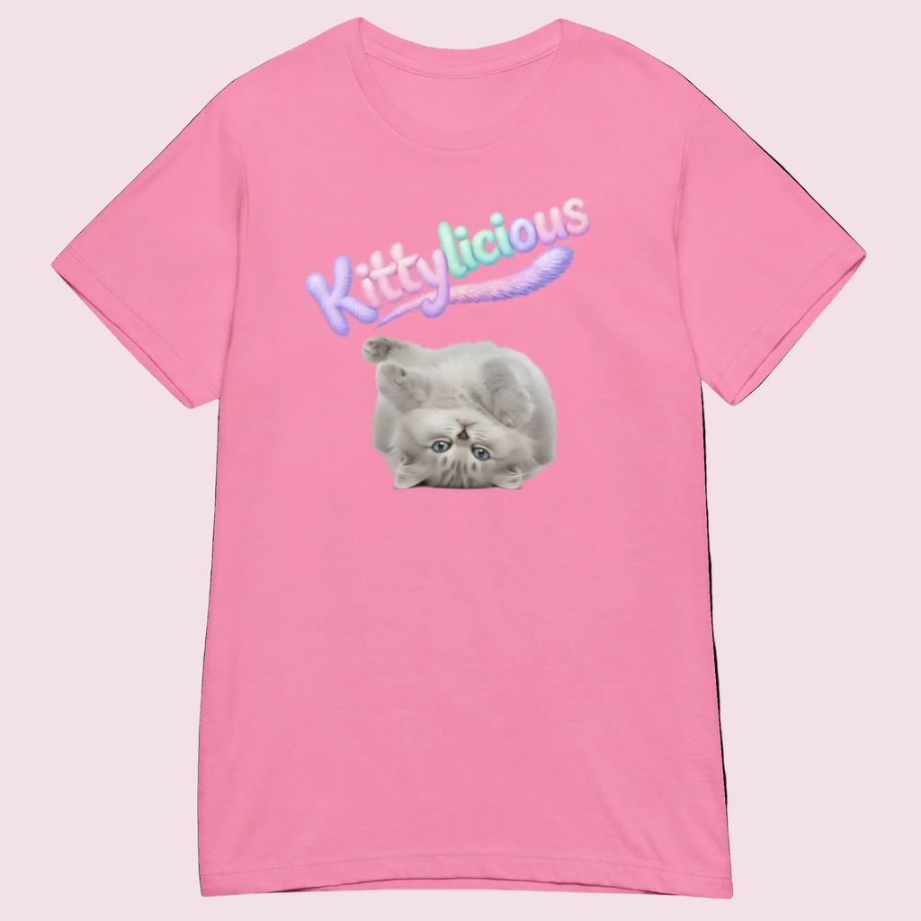 Pink t-shirt with a cat graphic and 'Kittylicious' text on a white background