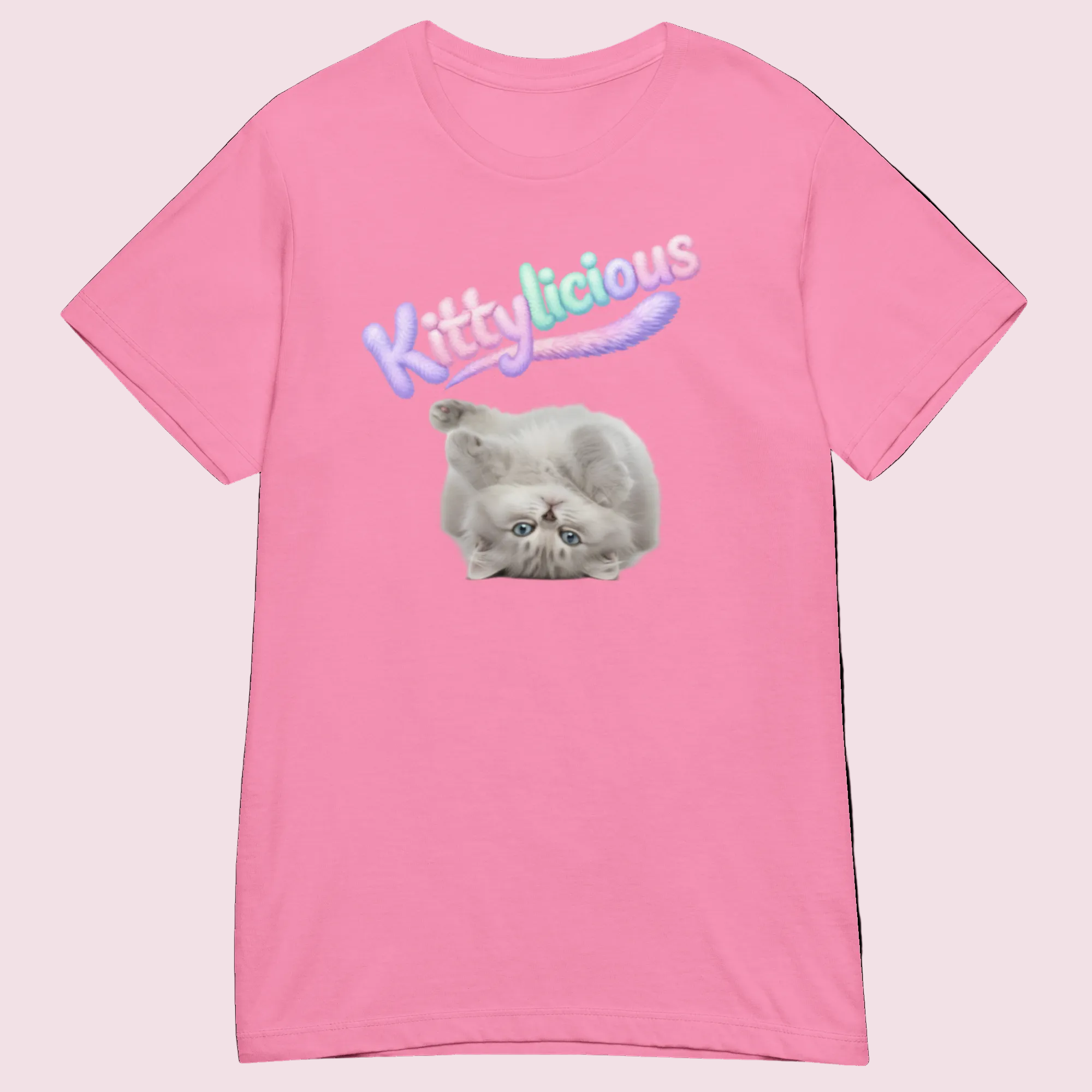 Pink t-shirt with a cat graphic and 'Kittylicious' text on a white background