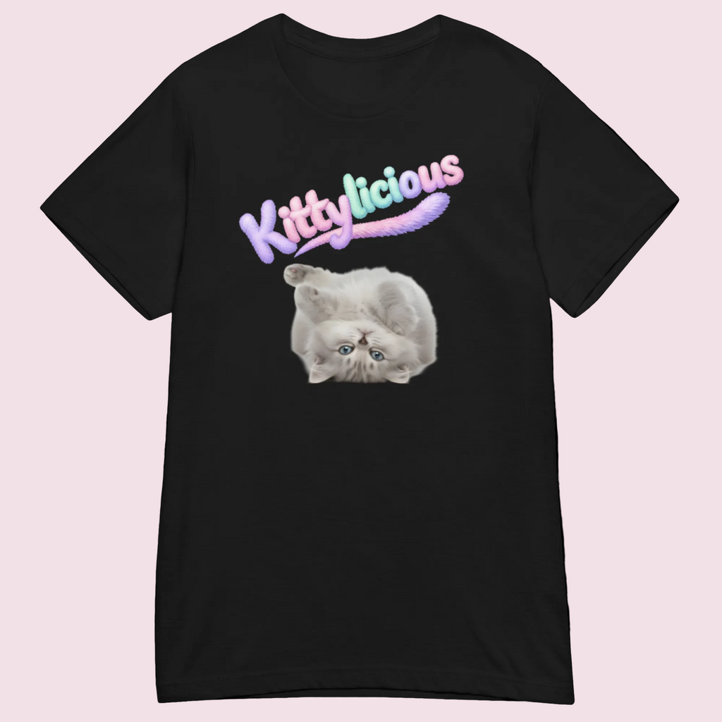 Black t-shirt with a cat graphic and 'Kittylicious' text on a white background