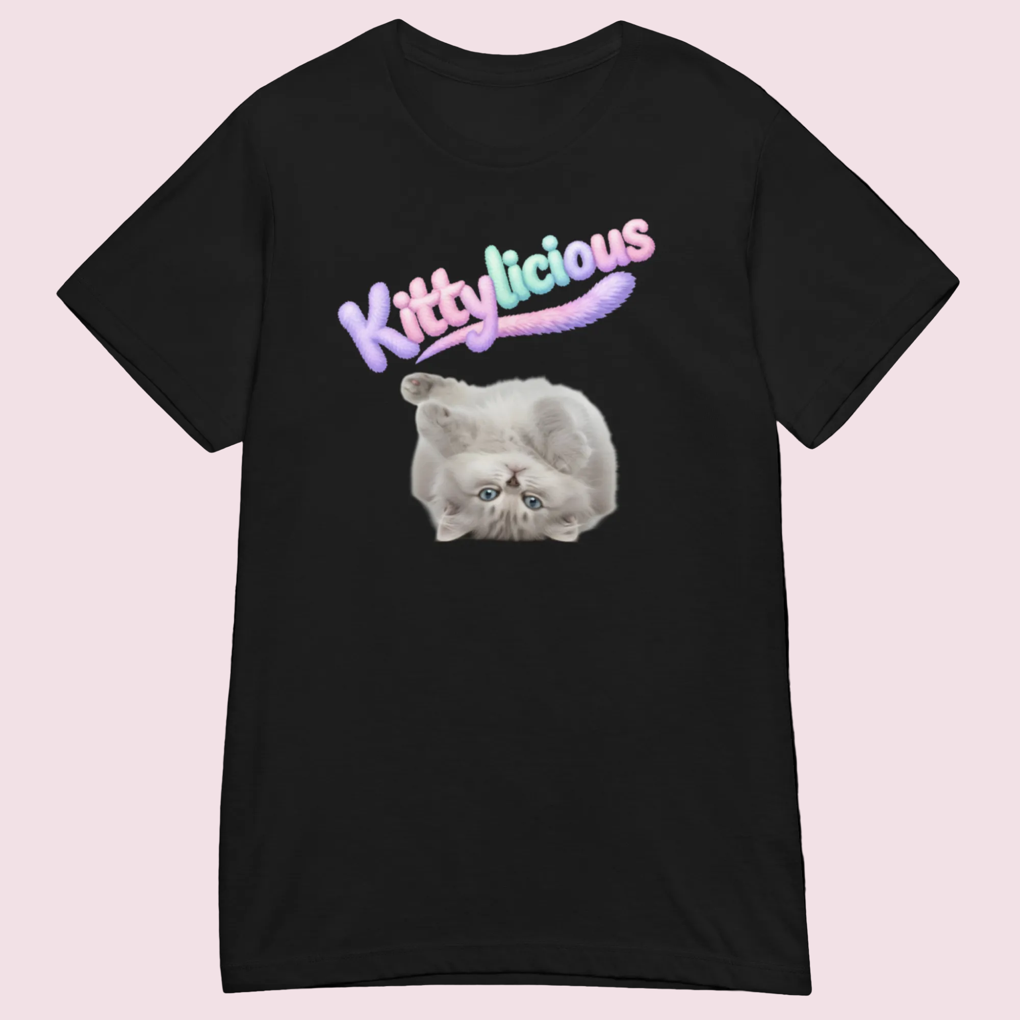 Black t-shirt with a cat graphic and 'Kittylicious' text on a white background
