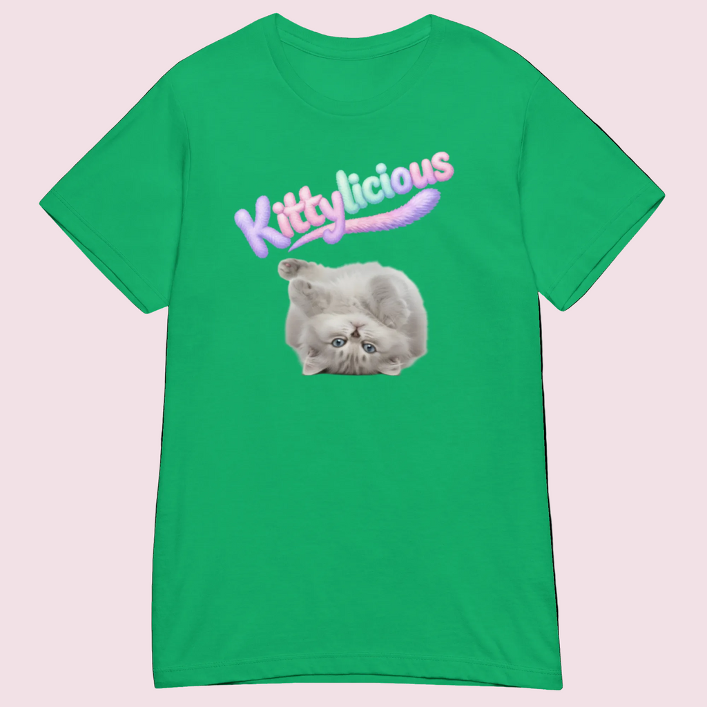 Green t-shirt with a cat graphic and 'Kittylicious' text on a white background